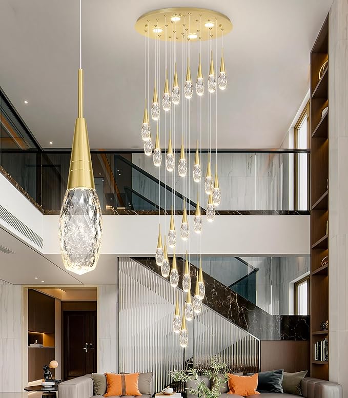 28-Lights 177 Inches Modern Chandelier LED Light Fixtures High Ceiling Long Light Chandelier for Entrance Foyer Dimmable Lights with Remote Living Room Ceiling Pendant Lighting Drop Lights Shine Gold