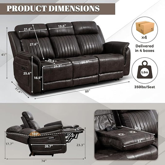 Zero Gravity Power Recliner Sofa Couch – Electric Reclining Sofa with Drop Down Table, 3 Seater Dual Reclining Couch with Adjustable Headrests for Living Room (Foil Fabric, Brownish Gray)