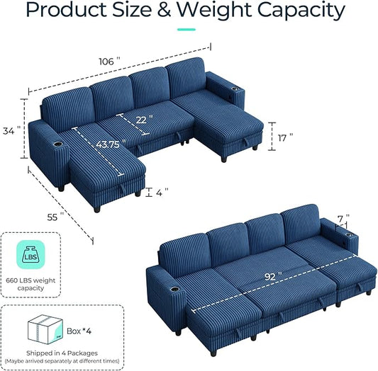 LINSY HOME Sectional Sleeper Sofa Pull Out Couches for Living Room (Blue, Sleeper Sofa 3) | Pull Out Sofa Bed, Storage, USB Charging, Cup Holders, Plush Corduroy | Pull Out Sofa Bed, Storage, USB Charging, Cup Holders, Plush Corduroy