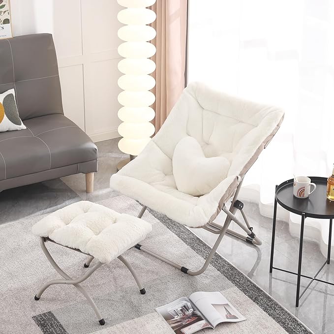 Saucer Chair with Ottoman, Comfy Oversized Folding Chair, Faux-Fur Reading Chair for Adults, Foldable Accent Lazy Chair, Metal Frame Chair for Living Room, Bedroom, Beige