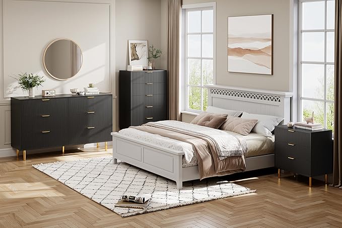 IDEALHOUSE Black Dresser, Modern 5 Drawer Dresser for Bedroom with Gold Handle and Large Drawer, Wood Double Chest of Drawers and Storage Organizer for Living Room, Hallway, Entryway