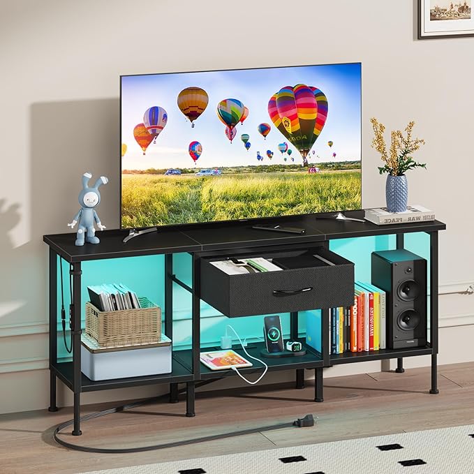 GYIIYUO LED TV Stand with Power Outlet and Fabric Drawer for 55 50 45 Inches TV - Entertainment Center and Industrial TV Console Table for Living Room, Bedroom- 47" Black