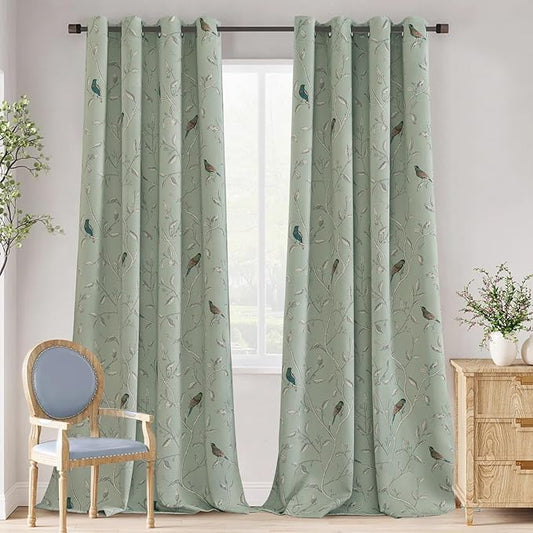H.VERSAILTEX Blackout Curtains for Bedroom 96 Inches Length Thermal Insulated Birds Rustic Printed Curtain Drapes for Living Room Energy Efficient Room Darkening Home Decoration Pair 2 Panels, Sage