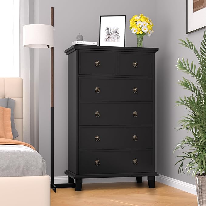 Tall Dresser for Bedroom Black 6 Drawers Dresser Tall Chest of Drawers, Modern Farmhouse Storage Cabinet for Living Room, Hallway, Entryway, Home Office