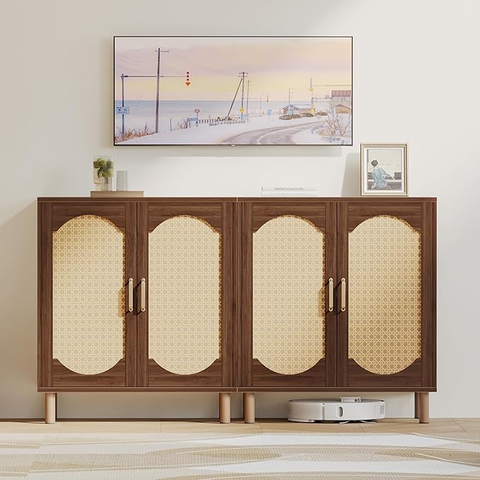 Buffet Cabinet with Storage, Imitation Rattan Arched Sideboard with Adjustable Shelves, Coffee Bar Cabinet for Kitchen, Living Room, Hallway, Entryway, Walnut, 2 PCS