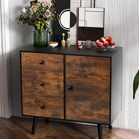 Tangkula Storage Cabinet with 3 Drawers and Door, Industrial Wood Accent Cabinet with Adjustable Shelf, Retro Farmhouse Sideboard Buffet for Kitchen Living Room (Industrial)