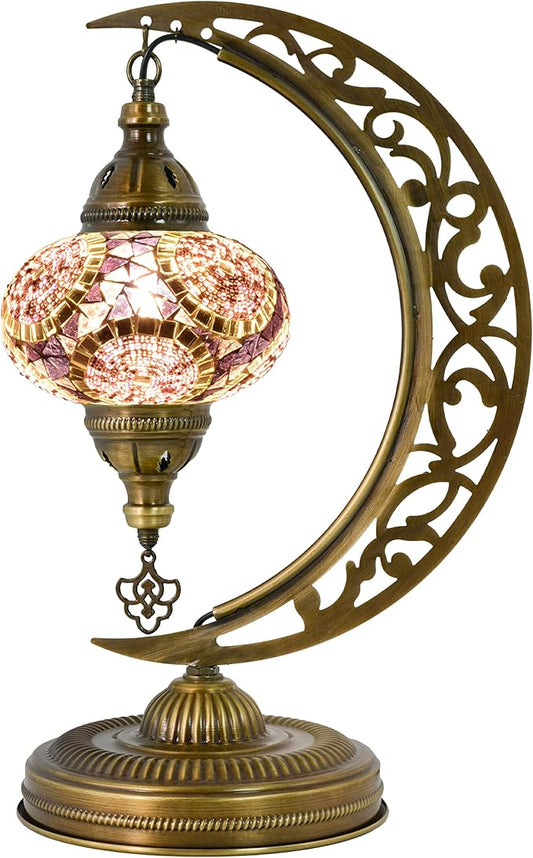 Mozaist Turkish Mosaic Moon Shape Table Lamp, Moroccan Vintage Crescent Bohemian Handmade Bedside Light, Rustic Dining Room, Study Room, Office Decorative Lighting, Unique Turkish Gift (Lavender)