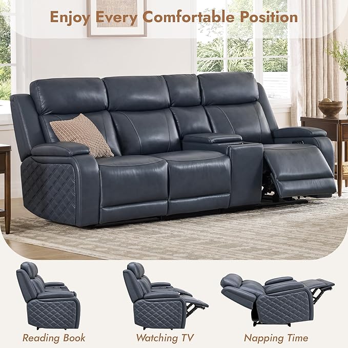 Watson & Whitely Genuine Leather Power Recliner Sofa with Console, 3 Seater Zero Gravity Reclining Sofa with Power Headrest & Flip Middle Backrest Table, Cup Holders for Living Room, Navy Blue