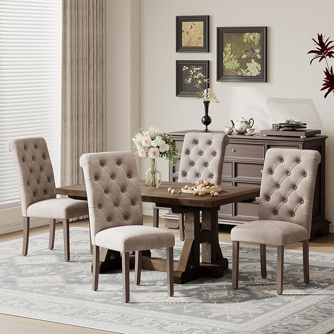 Upholstered Tufted Dining Room Chairs Set of 4, Parsons Kitchen Chairs with Padded Seat and Solid Wood Legs, Fabric Accent Side Diner Chair for Dining Room/Kitchen/Living Room, Camel
