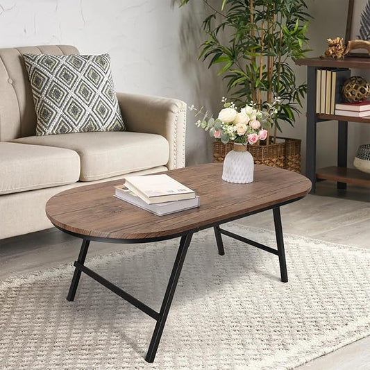 Folding Coffee Table for Small Spaces Wood and Metal Oval Coffee Table Portable Low Coffee Tables for Living Room, Home, Office, Light Brown