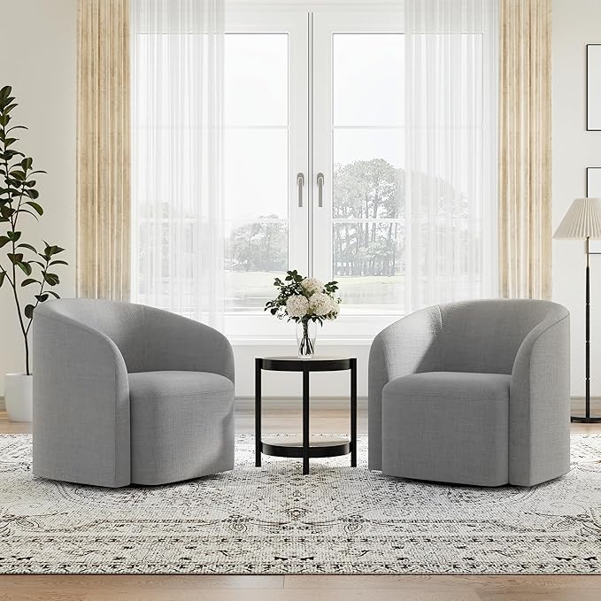 COLAMY Swivel Accent Chair, Modern Barrel Round Chair, Upholstered Comfy Living Room Chair with Armrest, Armchair for Reading Room/Bedroom/Waiting Room/Office, No Assembly, Grey