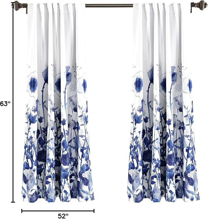 Lush Decor Zuri Flora Light Filtering Window Curtain Panel Pair, 63" Long x 52" Wide, Navy