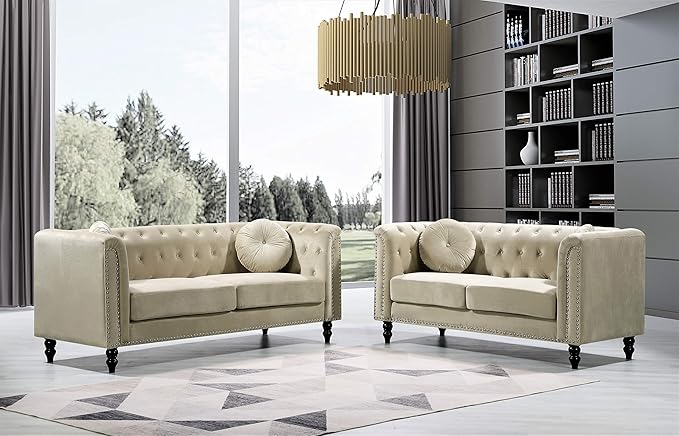 Container Furniture Direct S5370-S Kittleson Velvet Upholstered Modern Chesterfield Sofa with Nailhead Trim, Gray