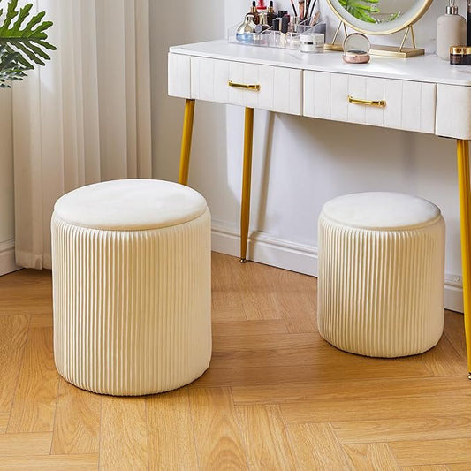 IBUYKE Round Ottoman with Storage Set of 2 Boucle Ottoman End Table for Living Room Vanity Stool Velvet Footrest Stool Bar Stool White UWBD005W