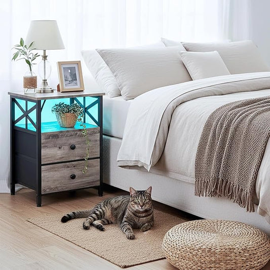 AMHANCIBLE Night Stand Set of 2 with Charging Station and LED Lights, Large 2-Drawer Bedside Tables with USB Ports and AC Outlets, Modern Nightstand for Bedroom, Grey, HET052LGY