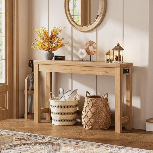 Cyclysio 47" Console Tables for Entryway, Narrow Console Tables for Living Room, Behind Couch Table, Sturdy Wood Support Hallway Table with 3AC+2USB Charging Station, Natural Oak