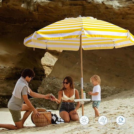 AMMSUN 7.5ft Heavy Duty HIGH Wind Beach Umbrella Commercial Grade Patio Beach Umbrella with Air Vent Ash Wood Pole & Carry Bag UPF 50+ Protection Yellow and white stripe