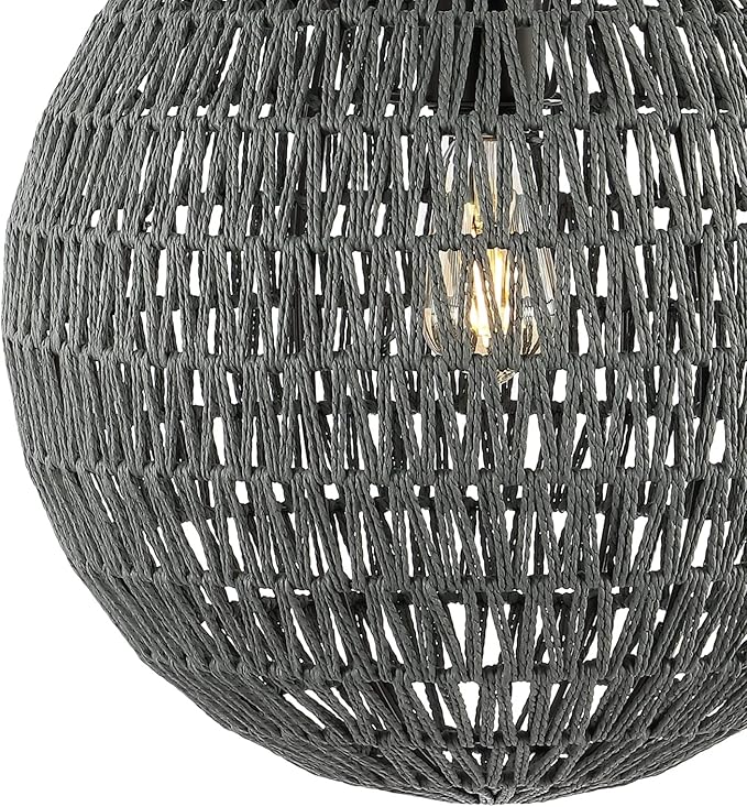 JONATHAN Y 16" Grey/Black Modern Bohemian Woven LED Pendant Light, Adjustable Hanging Ceiling Lamp for Kitchen Island Dining Room, Paper Wicker Shade, Bulb Included (JYL6503D)