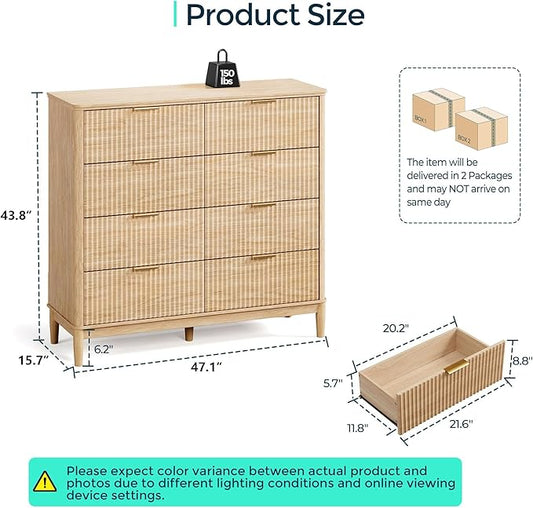 LINSY HOME Fluted Dresser for Bedroom with 8 Drawers, 47" Wide Mid Century Modern Dressers, Tall Boho Chest of Drawers, Large Wood Accent Storage Cabinet for Living Room, Curved Profile Design, Oak