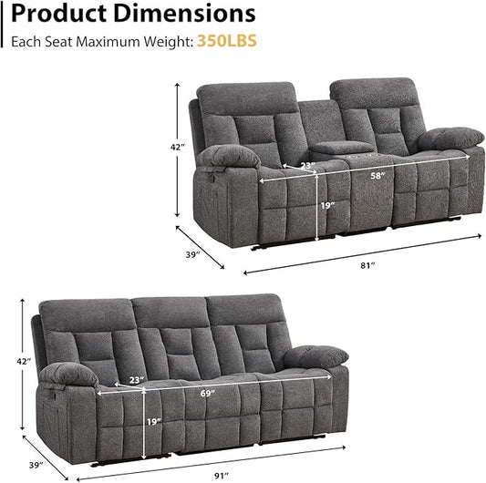 EBELLO 2 Pieces Recliner Sofa Couch Furniture Set, Overstuffed Reclining Loveseat Recliner Couch and Wide 3PC Bonded Sofa Set for Living Room, Light Grey