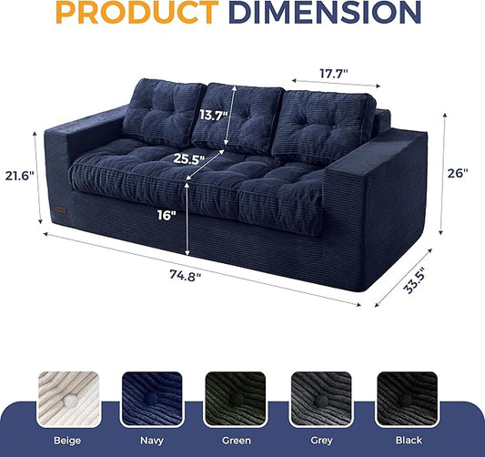 MAXYOYO Oversized Loveseat Sofa Couch, Upholstered Bean Bag Chair Cloud 3-Seat for Adults, Boneless Couch with Tufted Cushion & Pillows, Sofa in A Box, No Assembly Required, Navy