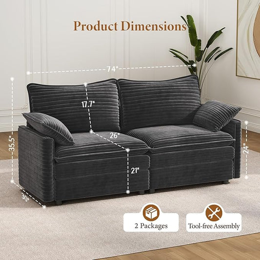 Vesgantti 74" Loveseat Sofa for Living Room, Comfy Cloud Couch Deep Seat Corduroy Modern 2 Seater Small Sofa with Armrest Pillow, Easy Assembly for Small Spaces, Gray | Sink-in Comfort, Height Adjustable, Easy Rearrangement, Extra-deep Ottoman, Solid W...