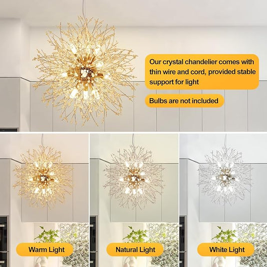 Depuley Gold Dandelion Light Fixtures, 12-Light Crystal Chandelier Lights Sparkle Pendant Light, Firework Starburst Chandelier Design for Living Room, Bedroom, Stairs, Hallway, G9 Bulb Not Included