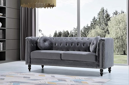 Container Furniture Direct S5370-S Kittleson Velvet Upholstered Modern Chesterfield Sofa with Nailhead Trim, Gray