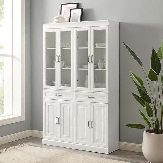 Crosley Furniture Stanton 2-Piece Glass Door Kitchen Storage Pantry Cabinet with Shelves Dining, Laundry Room, White