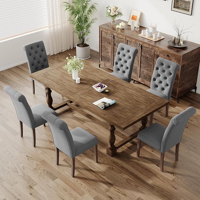 Upholstered Tufted Dining Room Chairs Set of 6, Parsons Kitchen Chairs with Padded Seat and Solid Wood Legs, Fabric Accent Side Diner Chair for Dining Room/Kitchen/Living Room, Grey