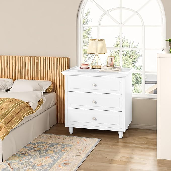 AWQM White Night Stand Set of 2, 3 Drawer Nightstand Set of 2, 22 Inch Wider Side Table with Storage, Rattan Boho Bedside Tables, End Table for Bedroom, White
