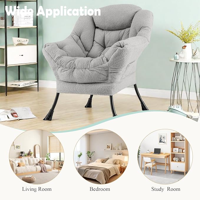 GORELAX Modern Lazy Chair,Upholstered Lounge Accent Chair, Single Leisure Sofa Chair with Armrests & Side Pocket, Comfy Reading Chair for Bedroom, Living Room, Dorm Room (Plush Grey)