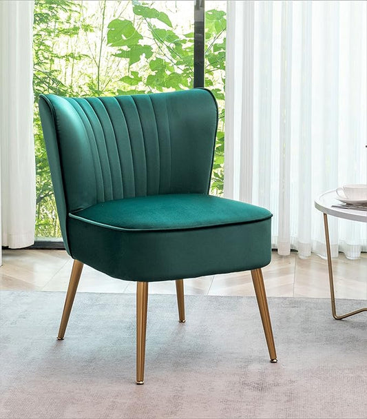 Modern Velvet Accent Chair for Living Room, Bedroom, or Entryway, Stylish and Comfortable Armless Design with Metal Legs, Green