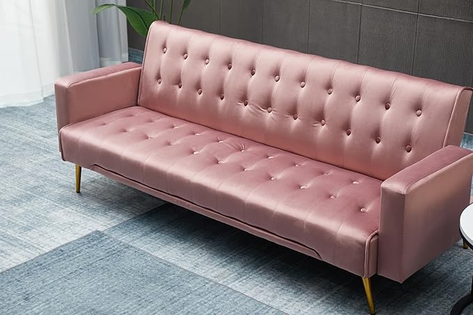 Eafurn Convertible Futon Sofa Bed, 75″Velvet Fabric Futons Loveseat Couch with Adjustable Backrest, Folding Sleeper Recliner Daybed for Living Room Furniture | Golden Legs, Wood Frame