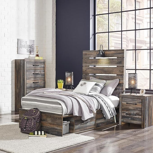 Signature Design by Ashley Drystan Rustic Twin Panel Platform Bed with 4 Storage Drawers, Open Cubbies, Sconce LED Light and USB Ports, Foundation or Box Spring Not Needed, Dark Brown & Gray