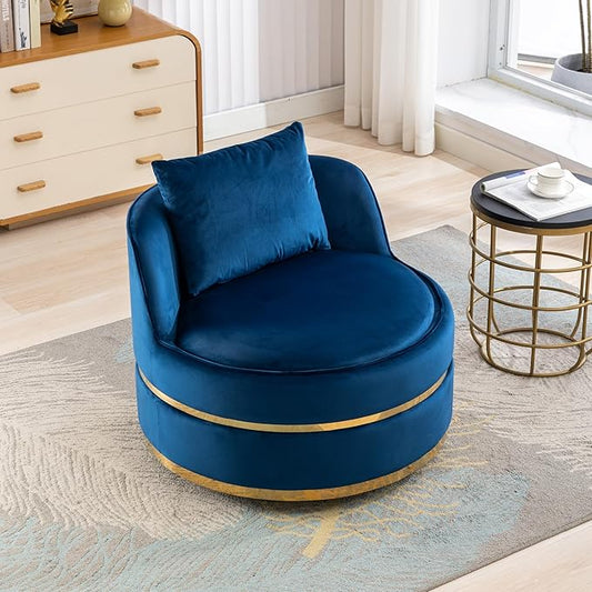 Merax 360° Swivel Accent Chair 32.6" Velvet Modern Upholstered Barrel Chair Comfy Soft Round Reading Sofa Chair with Seat Cushion for Living Room, Bedroom, Office, Apartment (Blue)