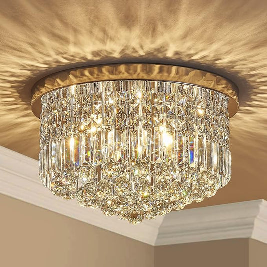 Saint Mossi 9 Light Modern K9 Crystal Chandelier Lighting, Flush Mount, Perfect for Dining Room, Bathroom, Bedroom, E12 Bulb Base; Height 11" x Diameter 20"; Lake Blue Crystal & Chrome Finish