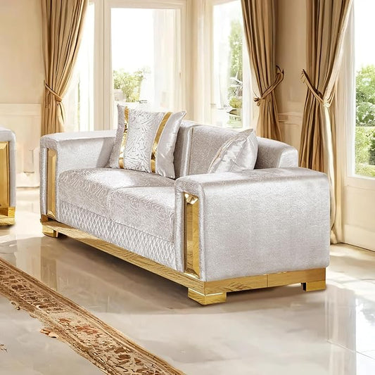 Furniture of America Samison II Glam Solid Wood Upholstered Loveseat with Accent Pillows, Damask Pattern and Gold Base, Soft Couch for Living Room, Bedroom, Office, Beige
