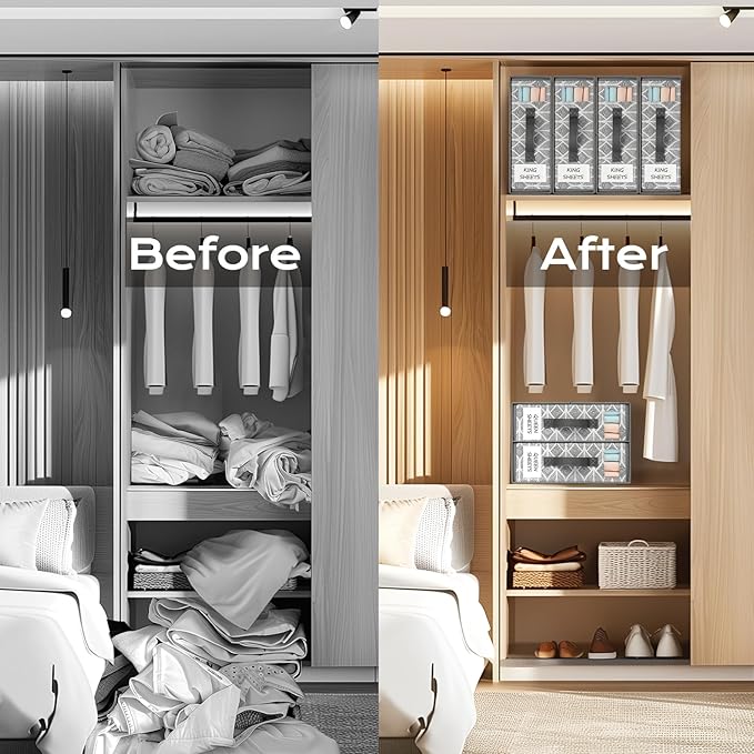 Yecaye 6 Pack Sheet Organizers and Storage with Clear Window and Label, Foldable Bed sheet Organizer for Linen Closet, Fabric Bedding Storage Box for Duvet Covers, Pillowcases, Queen & King Size, Grey
