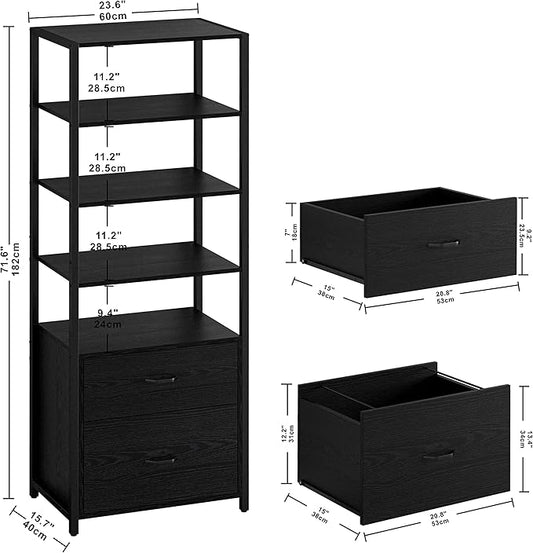 IRONCK Industrial Bookcase with File Cabinet Drawers, 71.6 in Tall Bookshelf 5 Tier, Freestanding Storage Home Office Cabinet Organizer, Rustic Home Decor, Black