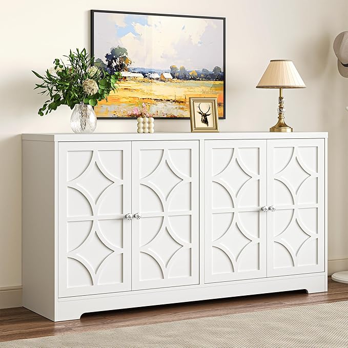 RoyalCraft Sideboard Buffet Cabinet with Storage, 56" Modern Sideboard with 4 Carved Doors and Adjustable Shelves, Large Wood Coffee Bar Console Table for Kitchen, Dining Room, Satin White