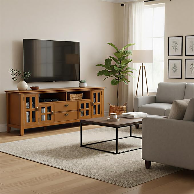 SIMPLIHOME Artisan TV Stand - 72 inch Wide Solid Wood Media Console in Honey Brown, Contemporary Entertainment Center for Living Room for TVs up to 80 Inches with Glass Cabinets and Cable Management