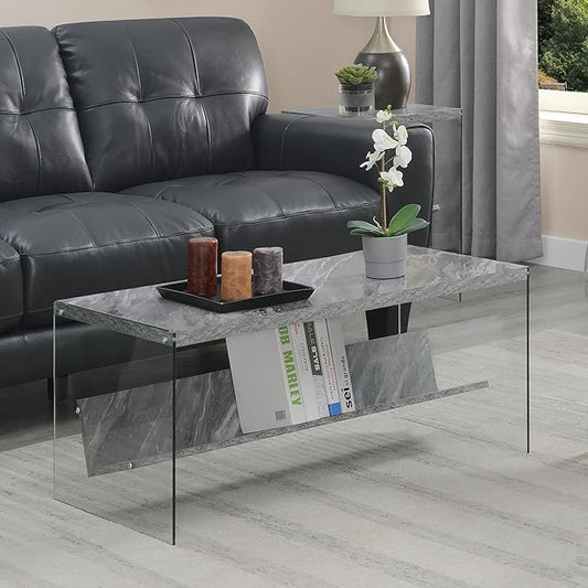 Convenience Concepts SoHo Glass Coffee Table 40" - Modern Living Room Table with Storage Shelf, Contemporary Coffee Table for Family Room, Gray Faux Marble