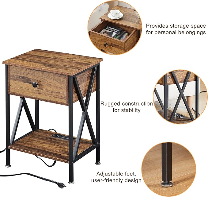 VECELO Nightstand, Bedside End Tables with Charging Station, USB Ports, Drawer Shelf, Night Stand for Bedroom Living Room 2-Pack, Brown