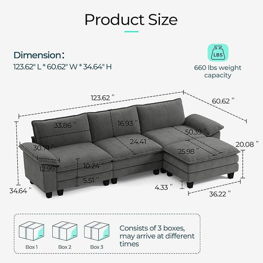 LINSY HOME 123'' Modular Sectional Sofa Grey Couch Corduroy Cloud Couches for Living Room, L Shaped Couch with Movable Ottoman, Modern Cloud Sectional Sofas for Bedroom and Apartment, Grey
