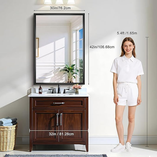 CIRCUMI 30"x42" Black Mirror with Chunky Box Metal Frame, Brushed Finish Rectangular Bathroom Mirrors for Over Sink, Living Room, Entryway, Tempered Glass Mirror for Wall, Vertical or Horizontal