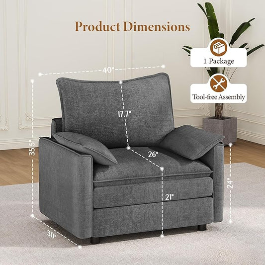 Vesgantti 40" Single Seat Sofa, Comfy Cloud Couch Deep Seat Upholstered Couch Chenille Modern Sofa with Armrest Pillow, Easy Assembly for Living Room, Bedroom and Apartment, Gray | Sink-in Comfort, Height Adjustable, Easy Rearrangement, Extra-deep Otto...