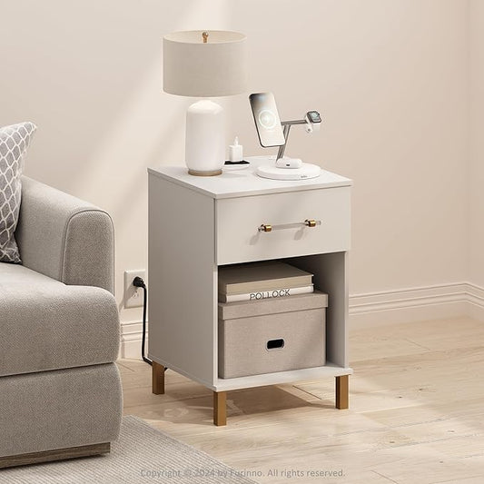 Furinno TIDUR Side Table, Modern Drawer End Table with Charging Station, Night Stand, Bedside Table with USB and Type-C Charging Port, for Living Room, Bedroom, White