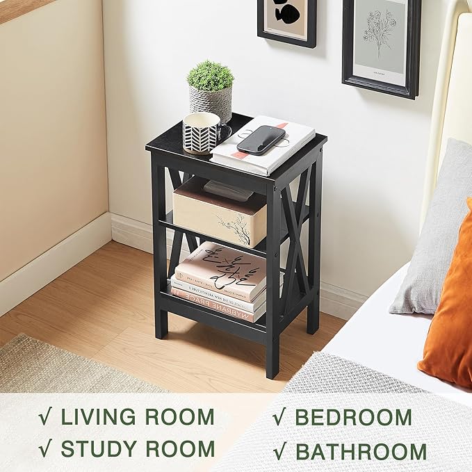 VECELO End Table Set of 2, Bedside Table, 24" Tall Living Room End Tables, X-Design Reinforced Nightstands, Side Table with 3-Tier Storage Shelves for Small Spaces, Office, Bathroom, Bedroom, Black