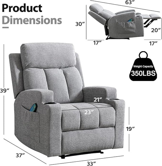 CANMOV Manual Massage Heat Recliner Chair Set of 2,Soft Fabric Recliner Chair with Overstuffed Arm and Back, Manual Reclining Single Sofa with 2 Cup Holders, Side Pocket for Living Room,Grey
